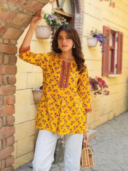 Rain & Rainbow - Women Mustard Ethnic Motifs Floral Printed Short Kurti