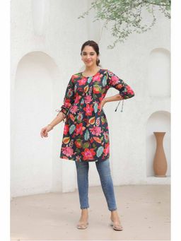 Rain & Rainbow - Women Navy Blue Floral Printed Empire Line Kurti