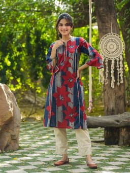 Rain & Rainbow - Navy Blue and Red Floral Printed Straight Pure Cotton Kurta