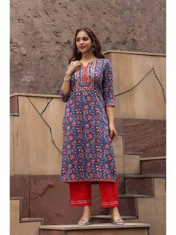Rain & Rainbow - Women Navy Blue Floral Printed Pure Cotton Straight Kurta