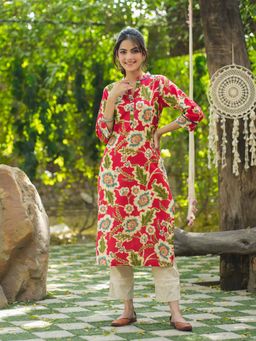 Rain & Rainbow - Women Red Floral Printed Pure Cotton Straight Kurta