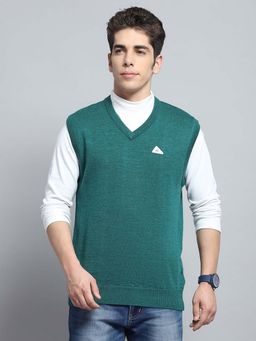 Monte Carlo - Men's Solid Green V Neck Sleeveless Sweater
