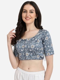 Amrutam Fab - Women's Embroidered Work Grey Phantom Silk Round Neck Blouse