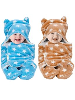 OYO BABY - Multi-Color Star Print Hooded Swaddle Wrap Cum Wearable Blanket (Pack Of 2) (0-6 Months)