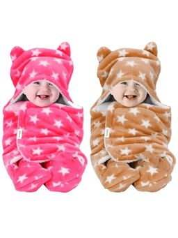 OYO BABY - Multi-Color Star Print Hooded Swaddle Wrap Cum Wearable Blanket (Pack Of 2) (0-6 Months)