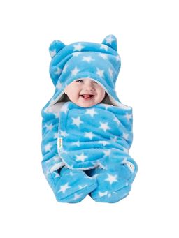 OYO BABY - Blue Ultra-Soft Star Print Hooded Swaddle Wrap Cum Wearable Blanket (0-6 Months)