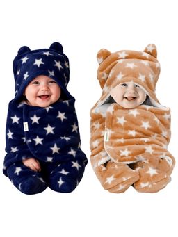 OYO BABY - Multi-Color Star Print Hooded Swaddle Wrap Cum Wearable Blanket (Pack Of 2) (0-6 Months)