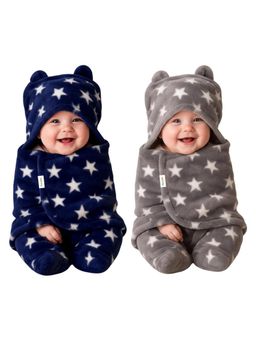 OYO BABY - Multi-Color Star Print Hooded Swaddle Wrap Cum Wearable Blanket (Pack Of 2) (0-6 Months)