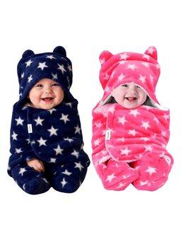 OYO BABY - Multi-Color Star Print Hooded Swaddle Wrap Cum Wearable Blanket (Pack Of 2) (0-6 Months)