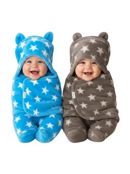 OYO BABY - Multi-Color Star Print Hooded Swaddle Wrap Cum Wearable Blanket (Pack Of 2) (0-6 Months)