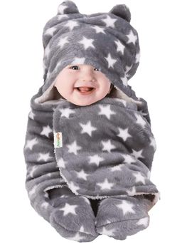OYO BABY - Grey Ultra-Soft Star Print Hooded Swaddle Wrap Cum Wearable Blanket (0-6 Months)