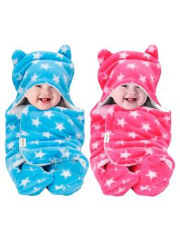 OYO BABY - Multi-Color Star Print Hooded Swaddle Wrap Cum Wearable Blanket (Pack Of 2) (0-6 Months)