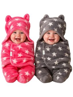OYO BABY - Multi-Color Star Print Hooded Swaddle Wrap Cum Wearable Blanket (Pack Of 2) (0-6 Months)