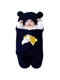 OYO BABY - Navy Blue Super Soft Flannel Hooded Swaddle For Newborn Babies (0-6 Months)