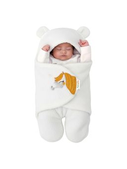 OYO BABY - White Super Soft Flannel Hooded Swaddle For Newborn Babies (0-6 Months)