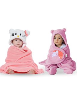 OYO BABY - Pink Polycotton Newborn Baby Blanket Cum Hooded Wrap Swaddle (Pack of 2) (0-12 Months)