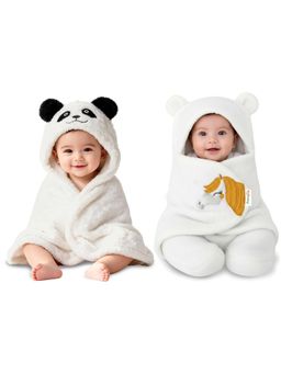 OYO BABY - White Polycotton Newborn Baby Blanket Cum Hooded Wrap Swaddle (Pack of 2) (0-12 Months)