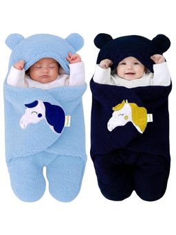 OYO BABY - Multi-Color Flannel Hooded Swaddle For Newborn Babies (Pack of 2) (0-12 Months)