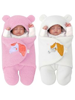 OYO BABY - Multi-Color Super Soft Flannel Hooded Swaddle For Newborn Babies (Pack of 2) (0-6 Months)