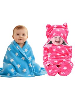OYO BABY - Multi-Color Unisex Fleece Star Printed Baby Blanket with Swaddle (0-12 Months)