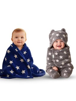 OYO BABY - Multi-Color Unisex Fleece Star Printed Baby Blanket with Swaddle (0-6 Months)