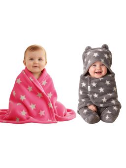 OYO BABY - Multi-Color Unisex Fleece Star Printed Baby Blanket with Swaddle (0-12 Months)