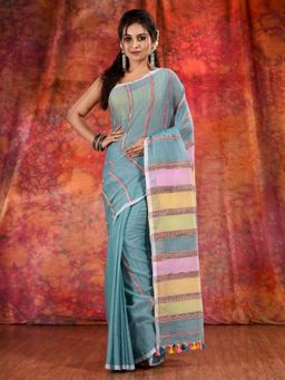 CHARUKRITI - Green Turquoise Khesh Soft Handwoven Saree and Unstitched Blouse