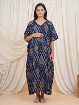 Secret Wish - Navy Blue Motif Printed Cotton Maternity Kaftan