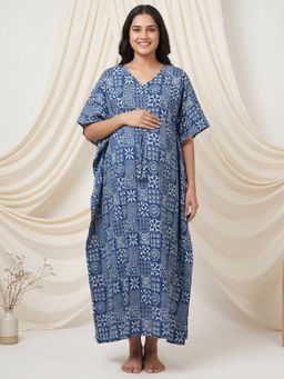 Secret Wish - Navy Blue Geometric Cotton Maternity Kaftan