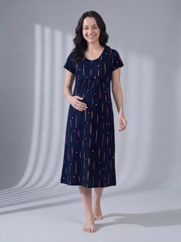 Secret Wish - Navy Blue Printed Hosiery Maternity Dress