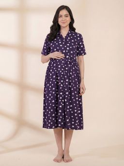 Secret Wish - Blue Printed Hosiery Padded Maternity Dress