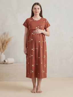 Secret Wish - Rust Printed Hosiery Maternity Dress