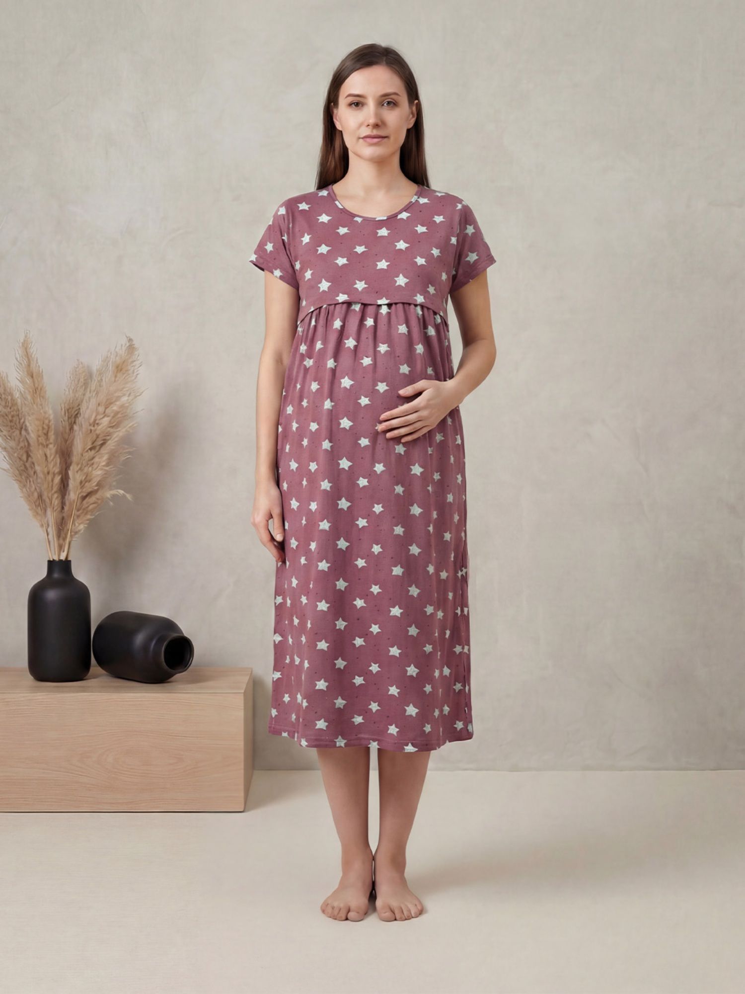 Mauve Pink Star Printed Hosiery Maternity Dress-image-20