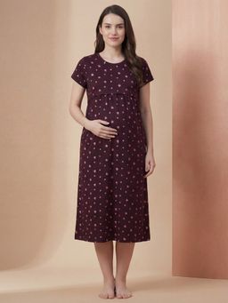 Secret Wish - Burgundy Leaf Printed Hosiery Maternity Dress