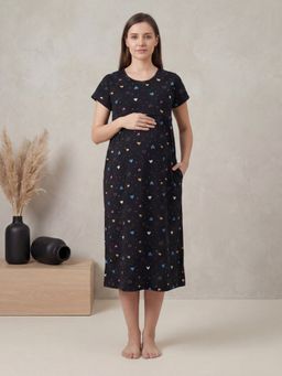 Secret Wish - Black Heart Printed Hosiery Maternity Dress