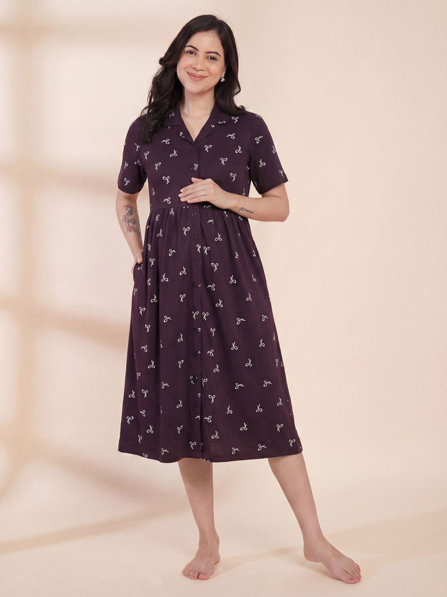 Purple Printed Hosiery Padded Maternity Dress-image-3