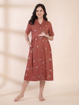 Secret Wish - Rust Floral Printed Hosiery Padded Maternity Dress