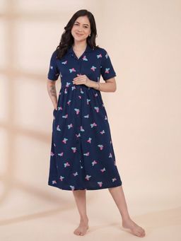 Secret Wish - Blue Printed Hosiery Padded Maternity Dress