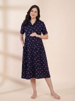Secret Wish - Navy Blue Floral Hosiery Padded Maternity Dress
