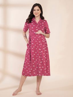 Secret Wish - Pink Star Printed Hosiery Padded Maternity Dress