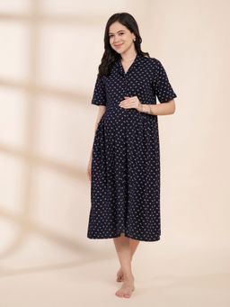 Secret Wish - Navy Blue Printed Hosiery Padded Maternity Dress