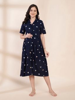 Secret Wish - Navy Blue Shell Printed Hosiery Padded Maternity Dress