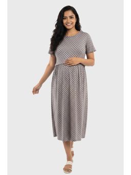 Putchi - Round Neck Cotton Short Sleeves Floral Grid Zipless Feeding Gown-Dove Gray