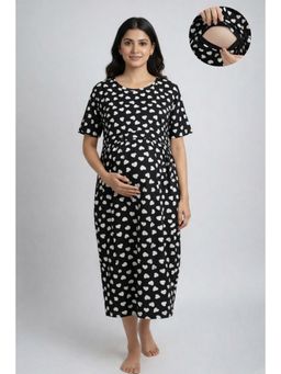 Putchi - Round Neck Cotton Short Sleeves White heart Zipless Feeding Gown-Charcoal