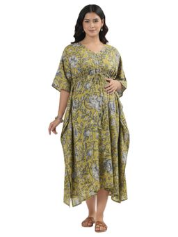 Putchi - V-Neck Cotton Olive Petals feeding Kaftan