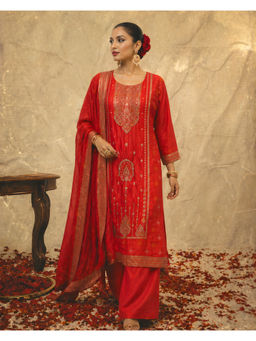 FREO - Red Embroidered Kurta With Palazzo & Dupatta