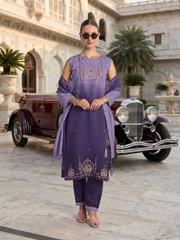 Monjolika Fashion - Dark Purple Chanderi Silk Embroidered Kurta With Pant & Dupatta