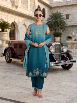 Monjolika Fashion - Teal Chanderi Silk Embroidered Kurta With Pant & Dupatta