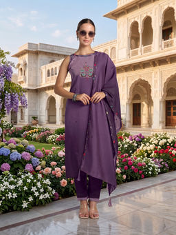 Monjolika Fashion - Purple Chanderi Silk Embroidered Kurta With Pant & Dupatta