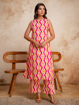 Anurang - Womens Pure Cotton Ikat Print Sleeveless Pink Co-Ord Set